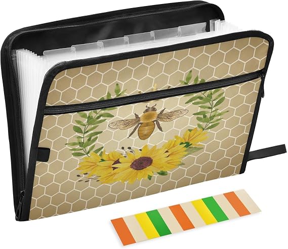 13 Pockets Expanding File Folder with Zipper Closure, Honey Bee Sunflower Geometric Accordion File Folder with Sticky Labels, Letter Size A4 Papers Expandable File Document Organizer