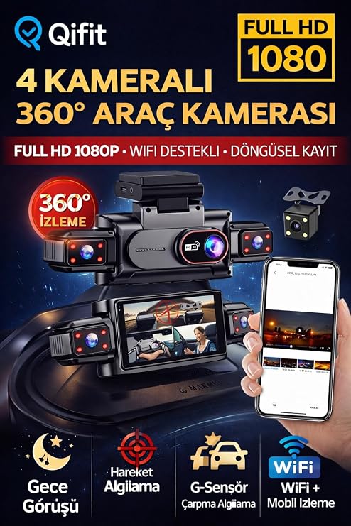 4 Kameralı 360 Derece Araç Kamerası, Full HD 1080P, WiFi Destekli, Gece Görüşlü, G-Sensör, Döngüsel Kayıt, Mobil İzleme