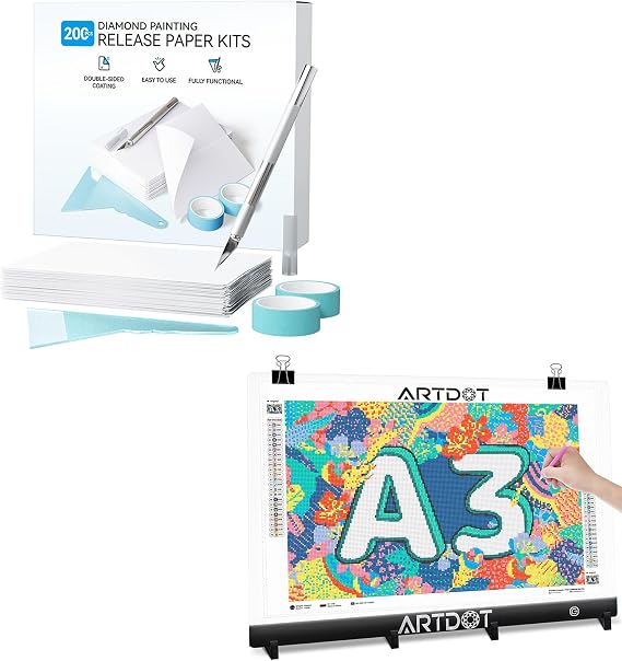 ARTDOT A3 LED Light Board & 200Pcs Double-Sided Release Paper Bundle, Dimmable USB Powered Light Pad with Stand Clips, Diamond Painting Replacement Cover Sheets Supplies Kit