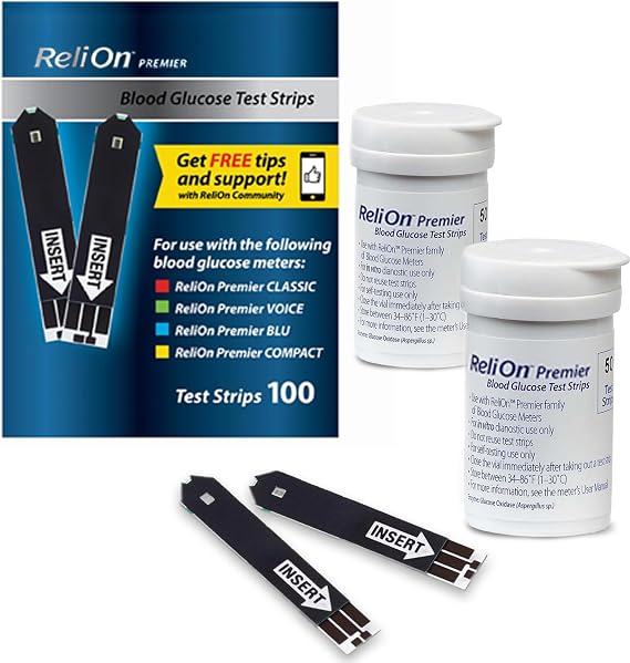 Blood Glucose Test Strips | 100 Count | Diabetic Supplies for Glucose Monitor | Accurate Blood Glucose Monitoring | Tiras para Medir la Glucosa, Compatible with Re Lion Premier Meters
