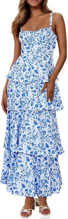 Fisoew Womens Floral Maxi Dress Spaghetti Strap Casual Ruffle Tiered Dress