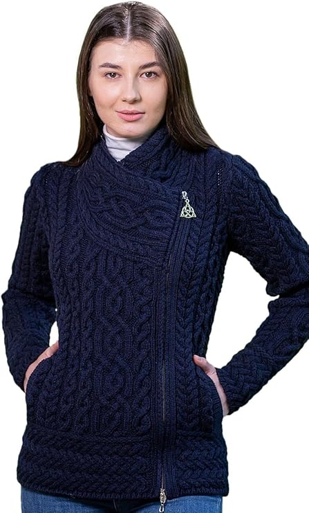 SAOL Irish Cardigan for Women Made of 100% Merino Wool Ireland Sweater Cable Knit Zip Jacket