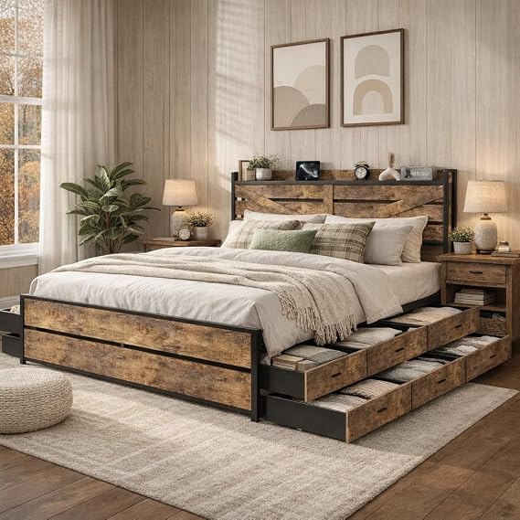 Queen Farmhouse Bed Frame with 12 Storage Drawers, Charging Station