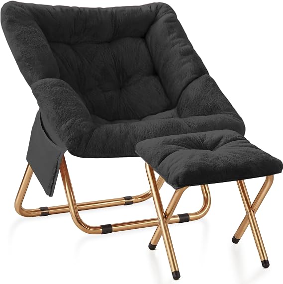 Kasunpul Comfy Saucer Chair, Foldable Living Room Chairs, Soft Faux Fur Lounge Chair for Bedroom, Reading Chairs for Adults,Teens, X-Large (Black)