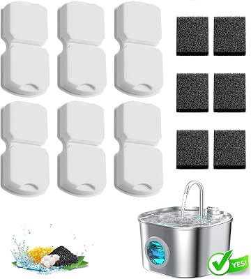 Cat Water Fountain Filter Replacement: 6Pack Pet Fountain Filters of 6 Carbon Filters & 6 Sponges - Use for HOOISE 74oz Automatic Pet Fountain Cat Water Dispenser S15