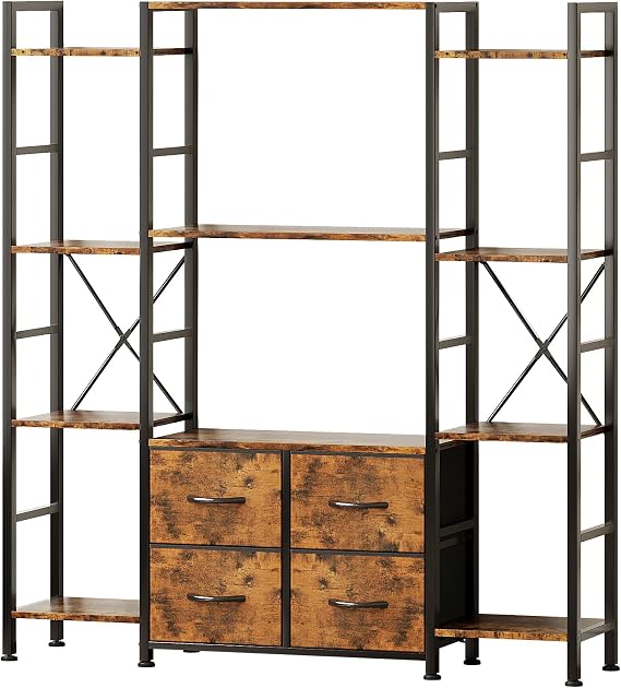 VERMESS 122W x142H cm Triple Book Shelf, 4 Tier Industrial Bookshelf for Home & Office, 47" Wide Large Shelving Unit with 4 Adjustable Fabric Drawers, Metal Frame Wooden Board, Rustic Brown