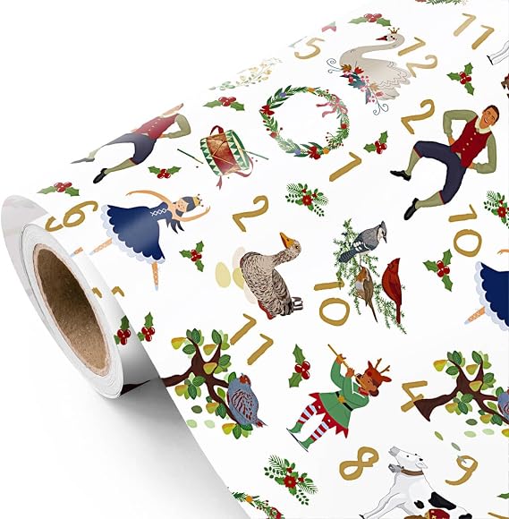 WRAPAHOLIC Christmas Wrapping Paper - Mini Roll - 17 Inch x 16.5 Feet - 12 Days of Christmas Countdown Wrapping Paper for Xmas Holiday, Party Celebration