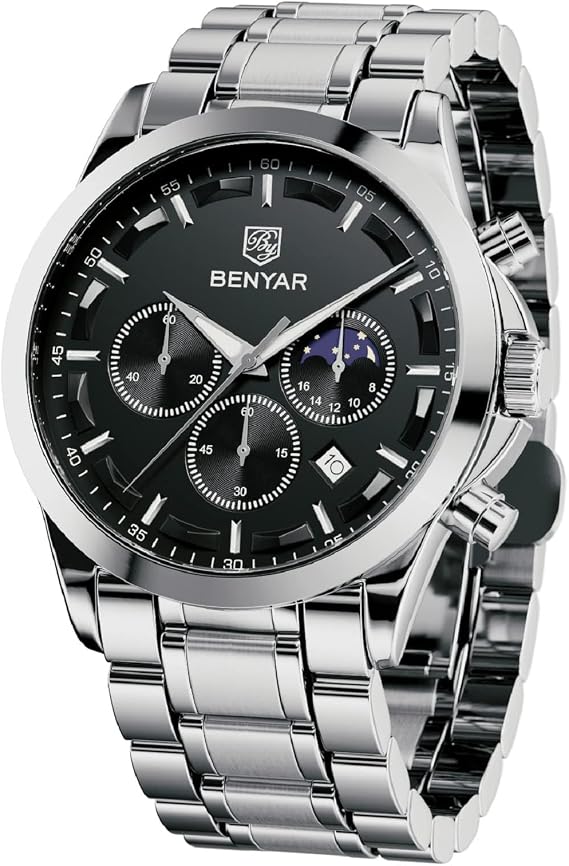 BENYAR Men's Watch Waterproof Chronograph Luminous Classic Watches Leather Strap Large Dial Date Analogue and Anti-Scratch Elegant Gift (Black Black)