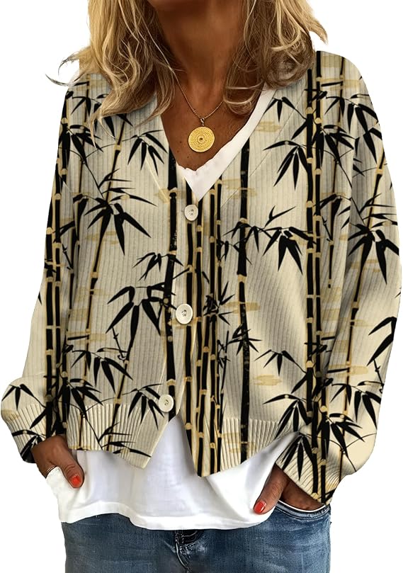 V Neck Sweaters for Women Boho Casual Long Sleeve Floral Print Winter Cardigans Button Comfy Knit Cardigan Sweater