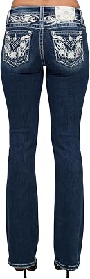 Miss Me Womens Mid-Rise Glace Bleu Filigree Faux Flap Pockets Bootcut Jeans