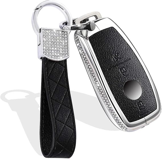 MUEKZRU Bling Crystal Leather Key Fob Sleeve Chain Compatible for Mercedes Benz