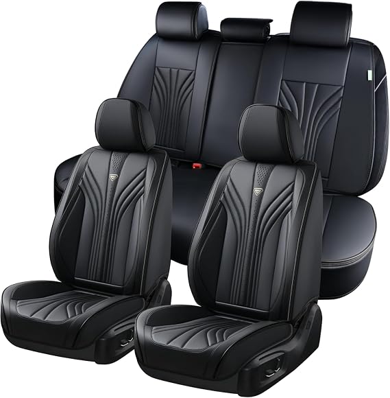 FLORICH Car Seat Covers Full Set, Leather Seat Covers, Luxury 5 Seats Universal Black Seat Covers for Cars, Waterproof Seat Protectors, Leatherette Automotive Vehicle Cover for Cars SUV Pick-up Truck