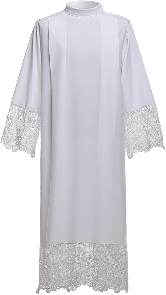 BLESSUME Priest Clergy Alb Liturgical Church Garment Cross Lace Pleated Alb (X-Large, White)