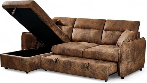 3 Seater Pull Out Sofa Bed with Storage Chaise BROWN ARCHIE - Durable Faux Leather Left Hand Corner Sofa for Living Room - L Shaped Couch - 200 x 140 Sleeping Area, Solid Wood Frame, Accent Cushions