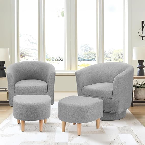 DAZONE Swivel Accent Chair Set of 2 with Ottoman Barrel Armchairs Grey