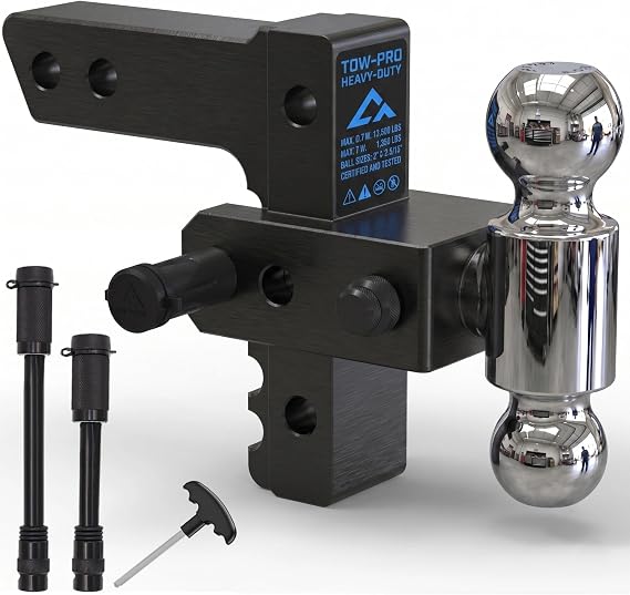 Adjustable Trailer Hitch - Heavy Duty Aluminum Drop Drawbar Hitch - Fits 2" Receiver, 6" Drop/Rise, for Truck, SUV, RV (12500 LBS GTW)