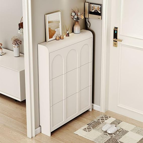 LITFAD Narrow White Manufactured Wood Shoe Storage Cabinet with Doors Modern Entryway Shoe Organizer Free Standing Hidden Shoe Cabinet - 24" L x 7" W x 44" H