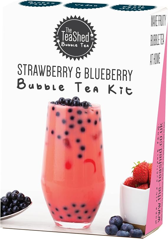 Bubble Tea Kit | Strawberry Powder, Blueberry Popping Boba and Paper Straw | Makes 1 Milky Bubble Tea | Vegan | by THE TEASHED