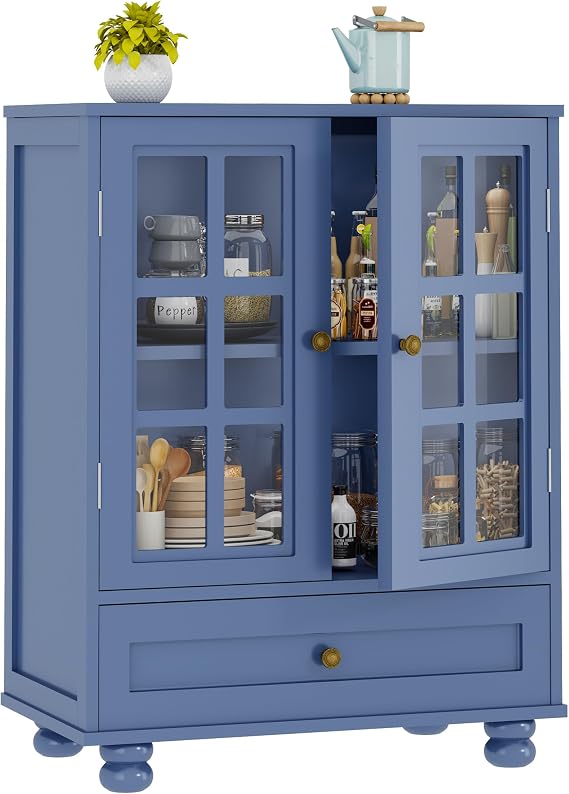 33" Sideboard Buffet Cabinet with Storage, Wood Kitchen Storage Cabinet | Coffee Bar Cabinet with Glass Doors, 1 Drawer, Adjustable Shelf, Small Bar cabinet Console Table for Entryway, Apartment