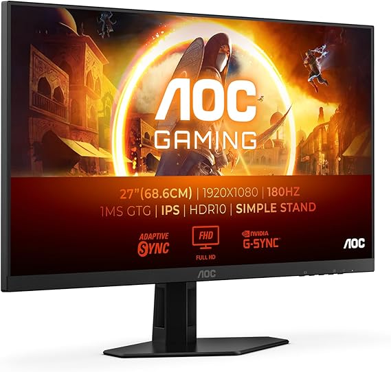 AOC 27G4XED 27 inch FHD Gaming Monitor 180Hz, Fast IPS Panel, 1ms GtG, HDR10, G-Sync Compatible, Speakers, (1920x1080 HDMI 2x 2.0 DP 1x 1.4) Black