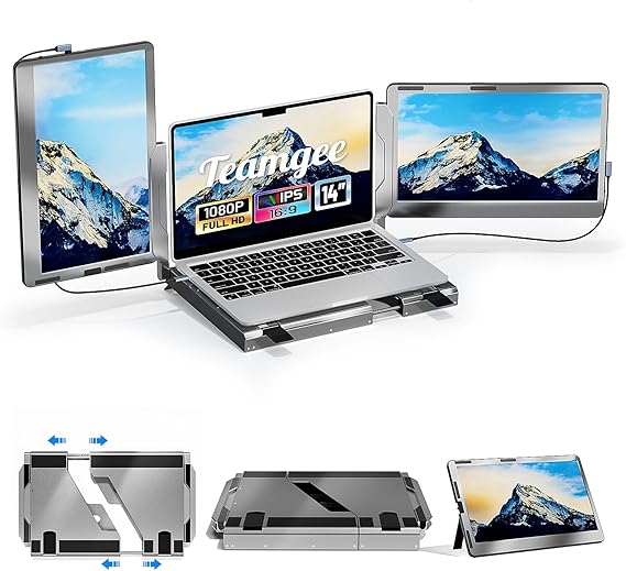 Teamgee 14 Portable Monitor for Laptop, 360 Rotatable Laptop Screen Extender, Ultralight FHD IPS Display, HDMI/USB-A/Type-C Plug and Play Mobile Workstation for Windows, Chrome & Mac