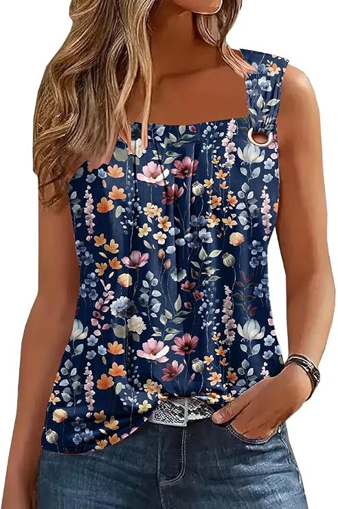 Summer Tank Tops for Women Pleated Square Neck O Ring Shoulder Sleeveless Shirts Casual Loose Fit Trendy Blouses
