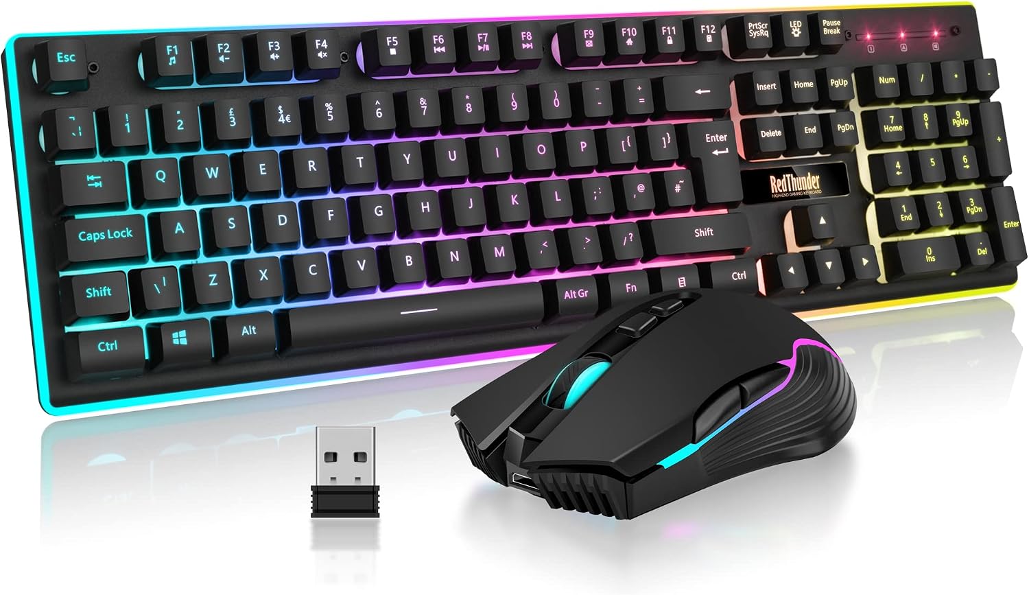 RedThunder K10 Wireless Gaming Keyboard and Mouse Combo, LED Backlit Rechargeable 3800mAh Battery, UK Layout Mechanical Feel Keyboard  7D 3200DPI Mice for PC Gamer Black
