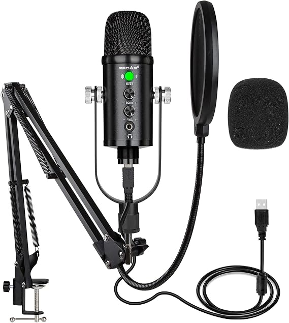 USB Condenser Microphone Kit with Boom Arm, Mute and Phone Adapters