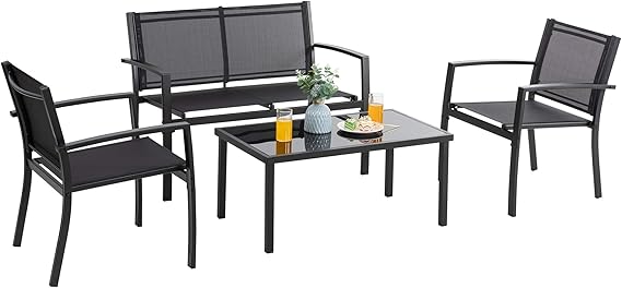 Vongrasig 4 Pieces Patio Furniture Sets,Outdoor Patio Conversation Sets with Glass Coffee Table, Small Porch Balcony Furniture, Patio Table and Chairs Set for Garden, Backyard (Black)