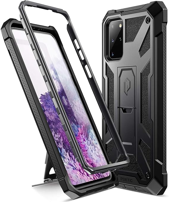 Poetic Spartan Series Designed for Galaxy S20+ Plus Case, Full-Body Rugged Dual-Layer Metallic Color Accent Premium Leather Texture Shockproof Protective Cover with Kickstand, Metallic Gun Metal