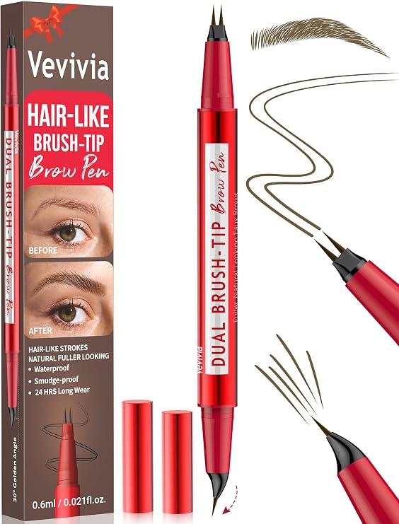 Vevivia Eyebrow Pen with Brush Tip & Curved Tip, Natural Brows, Brown