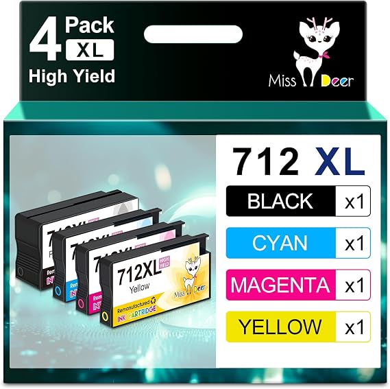 Miss Deer 712XL Ink Cartridges Combo Pack for HP 712 712XL | Work for DesignJet T650 T250 T230 T630 T210 Studio Plotter Printer,4 Pack(BK/C/M/Y)
