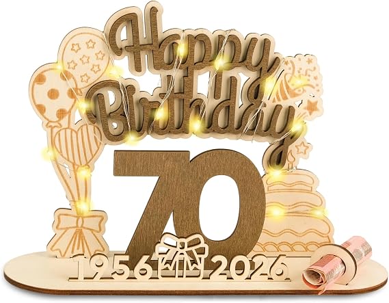 Original 2026 Birthday 70th Gift Woman Man 1956-2026 70th Money Gifts Birthday Wooden Sign Guest Book with LED Fairy Lights - 70th Birthday Women & Men Gift Birthday Decoration