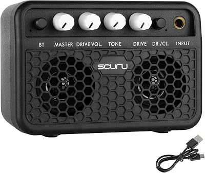 Caline Guitar Mini Amp, 5W Rechargeable Bluetooth Guitar Amplifer Combo for Desktop Practice, Dual Channel,with Headphone Jack, Black