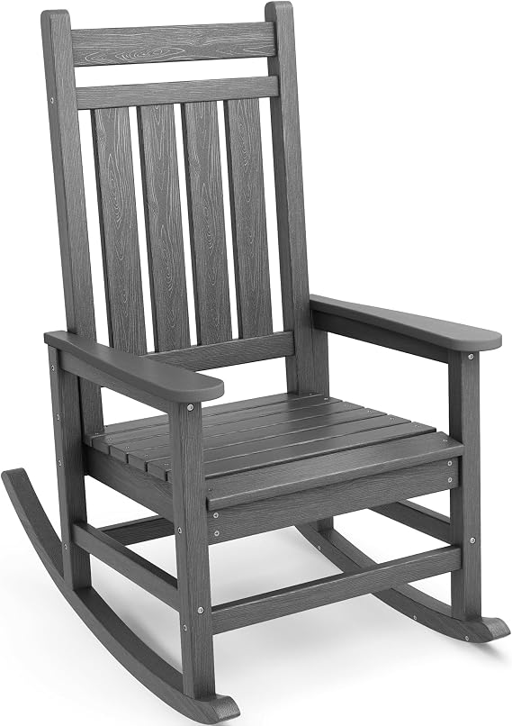 SERWALL Oversized Rocking Chair, Outdoor Rocking Chair for Adults, All Weather Resistant Porch Rocker for Lawn Garden, Grey | 21.1" Widened Seat adds Extra Comfort, Oversized Rocking Chair for Adults, All Weather Porch Rocker for Lawn Garden