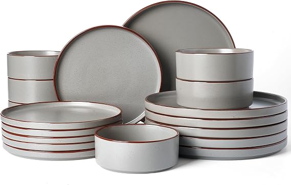 Richmount Halo Plates and Bowls Set, 18 Pieces Dinner Sets for 6 People, Stoneware Dinnerware Sets with Dinner Plates/Salad Plate/Cereal Bowls, Dishwasher & Microwave Safe, Dark Grey
