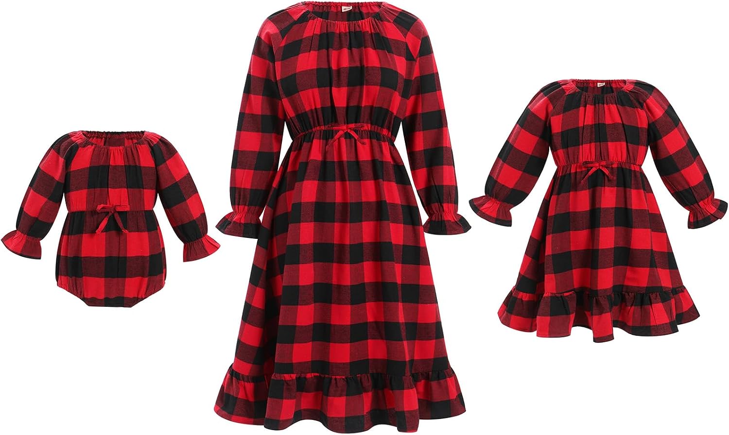 AWIBMK Mommy and Me Dress Long Puff Sleeve Christmas Black White Green Red Plaid Dress Fall Winter Family Matching Outfits