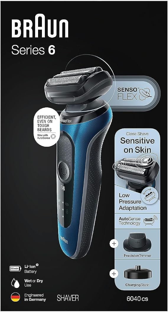 Braun Series 6 6040cs Electric Shaver with Charging Stand, Precision Trimmer, Wet & Dry, Rechargeable, Cordless Foil Shaver, Blue