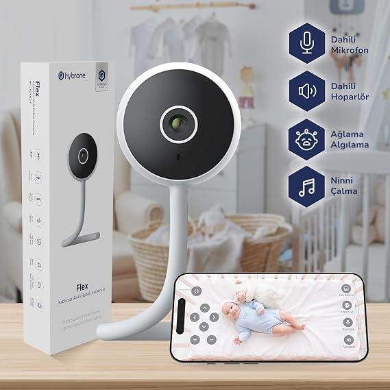 Hybrone Flex Wi-Fi Akıllı Bebek Kamerası, Ağlama Algılama, Ninni Çalma, Sıcaklık ve Nem Ölçümü, Bebeğinizle Uzaktan Konuşma