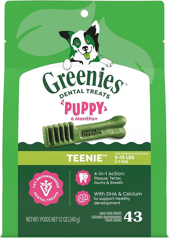 Greenies Dog Treats Veterinarian-Recommended Natural Dental Puppy Treats Teenie Size, 12 oz. Pack, 43 Count
