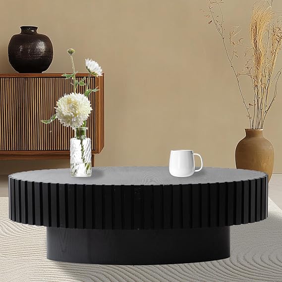 Drum Fluted Coffee Table, Oval Coffee Table, Contemporary Minimalist Low Oval Center Tables Side Tables for Apartment, Farmhouse, Office
