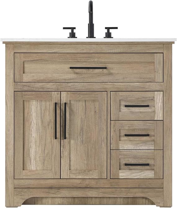 36" Pre-Assembled Bathroom Vanity with Sink, Solid Rubberwood and MDF, Marble White Engineered Marble Countertop Attached, Single Rectangle Porcelain Sink, 3 Soft-Close Drawers