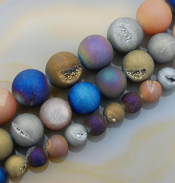Natural Druzy Quartz Agate 8" Strand Round Beads 6mm 8mm 10mm 12mm 14mm 16mm (14mm, Metallic Muti-Colored)
