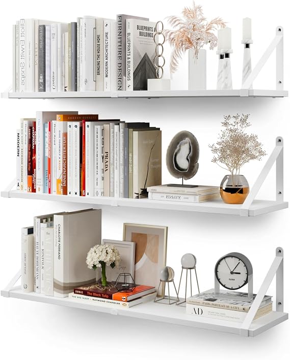 CASSA ZENO Wall Mounted Floating Book Shelves for Wall Set of 3, 80cm x 20cm Shelf Bookshelf for Bedroom Living Room Office Bathroom Kitchen Rustic Wood with Metal Bracket (White)