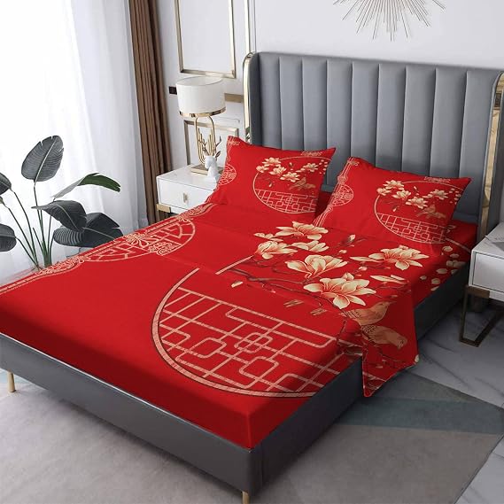 Chinese Wedding Sheets Queen Size, Flowers Birds Bed Sheets, Red Bedding Sheets & Pillowcases 4 Piece, Soft Brushed Microfiber - Fitted Sheet & Flat Sheet & 2 Pillowcases