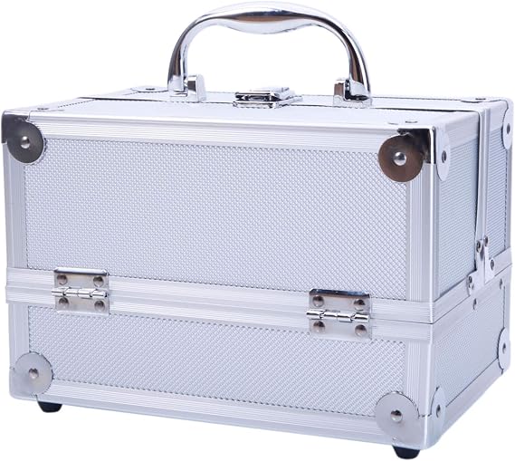 Professional Makeup Train Case, Portable Cosmetic Box,Aluminum Makeup Train Case Jewelry Box Cosmetic Storage Organizer with Mirror for Makeup Artist, Crafter, Makeup Tools (Silver)