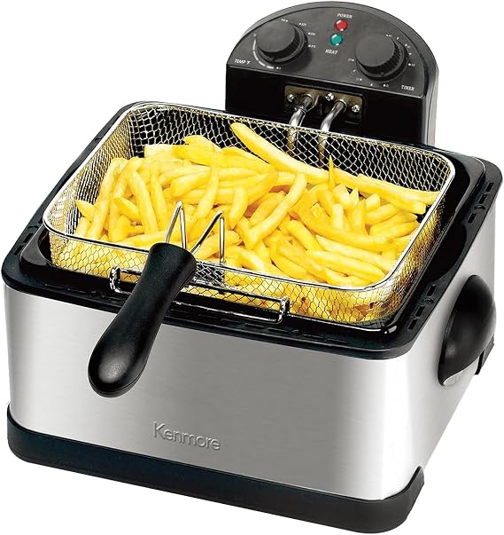 Kenmore Electric Deep Fryer - Grease & Odor Filtration, Simple Temperature Control, Electrica Freidoras For Home Use, 3 Baskets For Frying French Fries, Chicken Wing, 4 Liter Capacity Stainless Steel