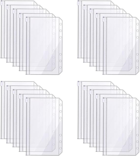 A6 Zipper Binder Pockets,20 PCS Plastic Zipper Budget Binder Pockets Cash Envelope 6 Holes Waterproof Zipper Bags for Budget Binders Documents and Cards Budget Binders and Cash Organization