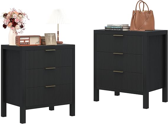 Nightstand Set of 2, Dresser and Nightstand Sets, Bedside Tables, Mid Century Nightstands with 6 Wide Drawers for Bedroom, Kids Room, Hallway, (Black X 2)