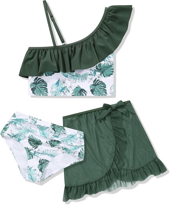 URMAGIC Girls Swimsuits 3 Piece Tankini Bathing Suit Set Bikini Swimwear with Cover Up Beach Skirt 7-14 Years